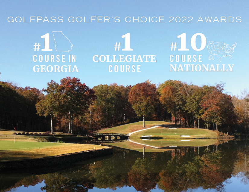 A wide photograph of the UGA golf course with text overlay that reads, "GOLFPASS GOLFER'S CHOICE 2022 AWARDS; #1 COURSE IN GEORGIA; #1 COLLEGIATE COURSE; #10 COURSE NATIONALLY"