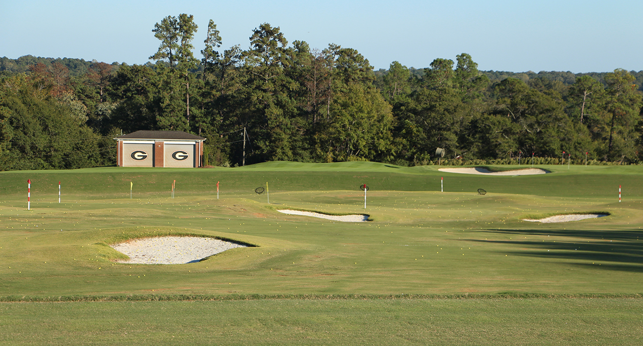 Photo of the range's target area, which contains numerous bumkered greens.