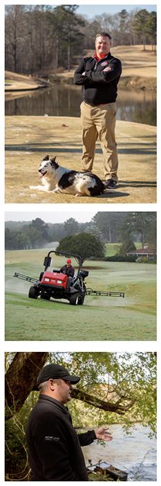 a collage of photographs. The top photos shows Scott Griffith and Birdie, his border collie, standing on the golf green. The second photo is a wideshot of Scott driving a tractor accross the green. The last photo shows Scott standing by a pond and talking.