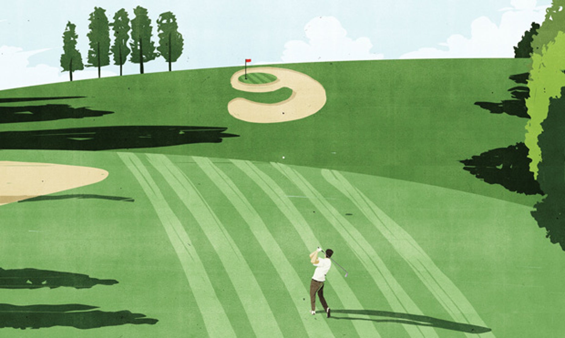 A landscape illustration of a golf course. A man stands in the foreground swinging a club. Towards the back of the image, there is a sand bunker shaped like the number 9.